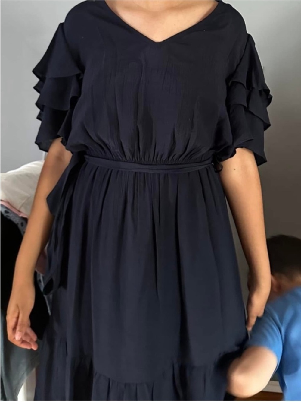 Navy Midi Dress with Ruffle Sleeves
